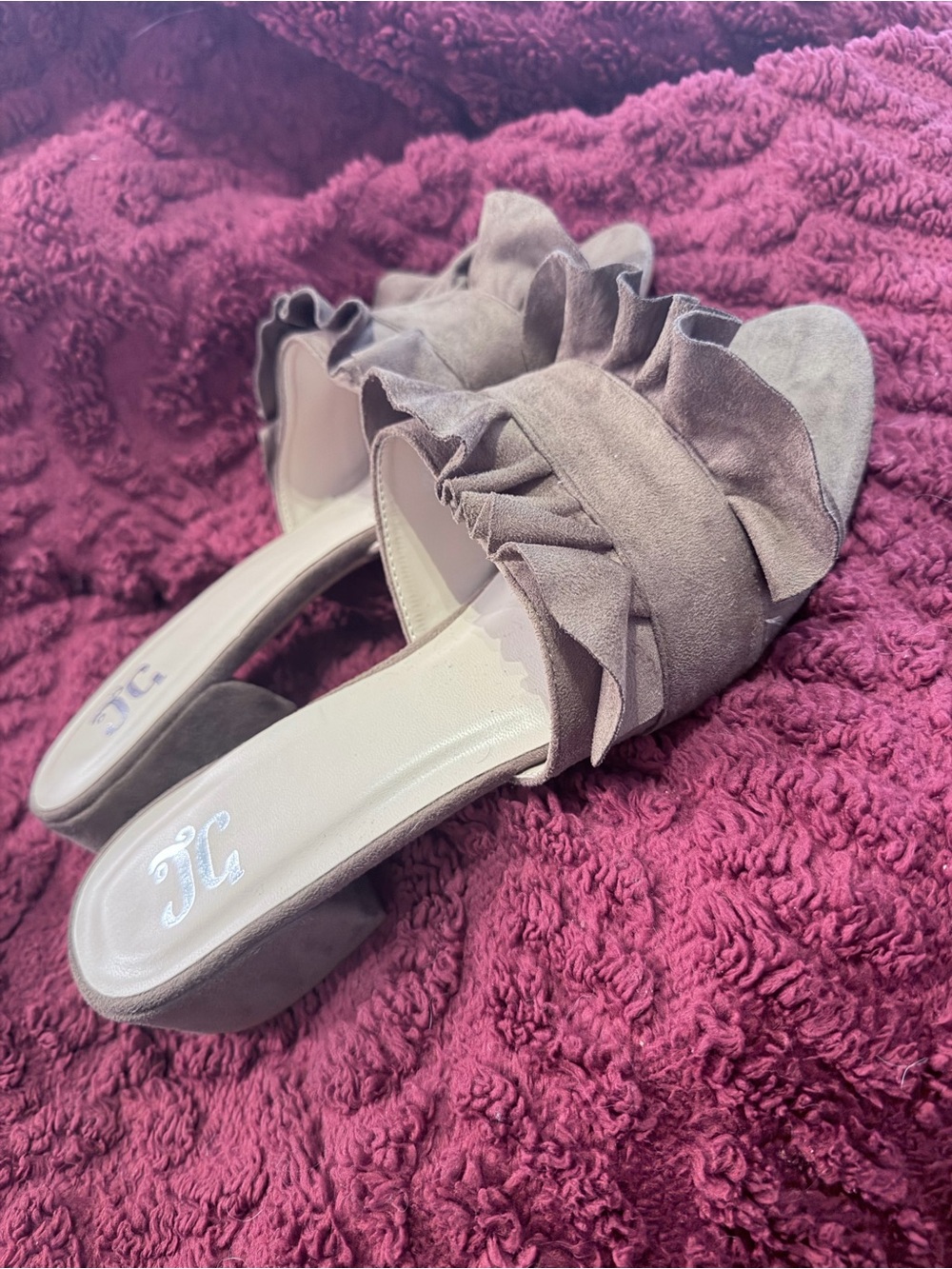 Juicy Couture Gray Suede Ruffle Block Heel Sandals